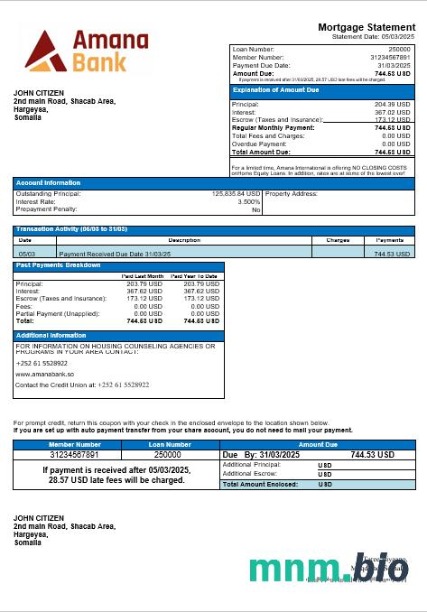 Somalia Amana Bank wyciąg z kredytu hipotecznego w formatach Word i PDF